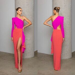 Michael Costello Pink Orange Colorblock Evelyn Asymmetrical Drape Maxi Dress